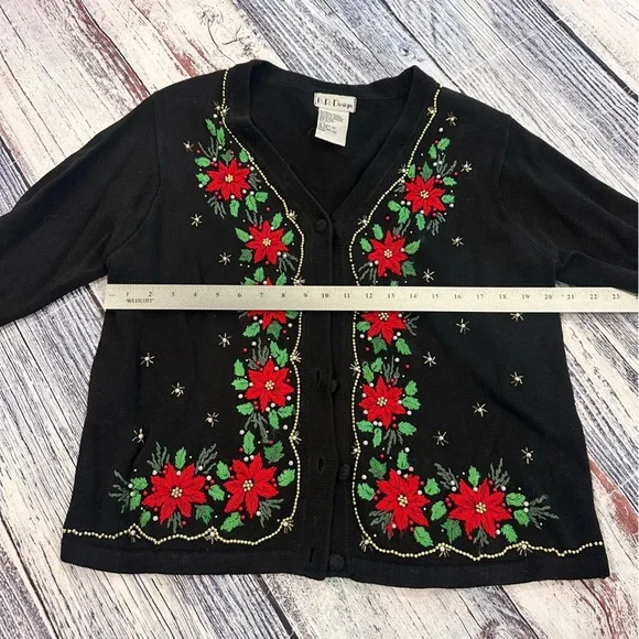 Vintage Christmas Beaded Black Cardigan with Red Floral Embroidery - Picture 7 of 8